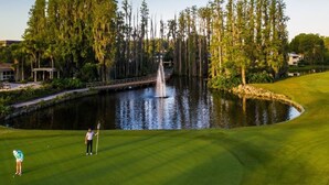 A golf course with a pond, a bridge, and tall trees.