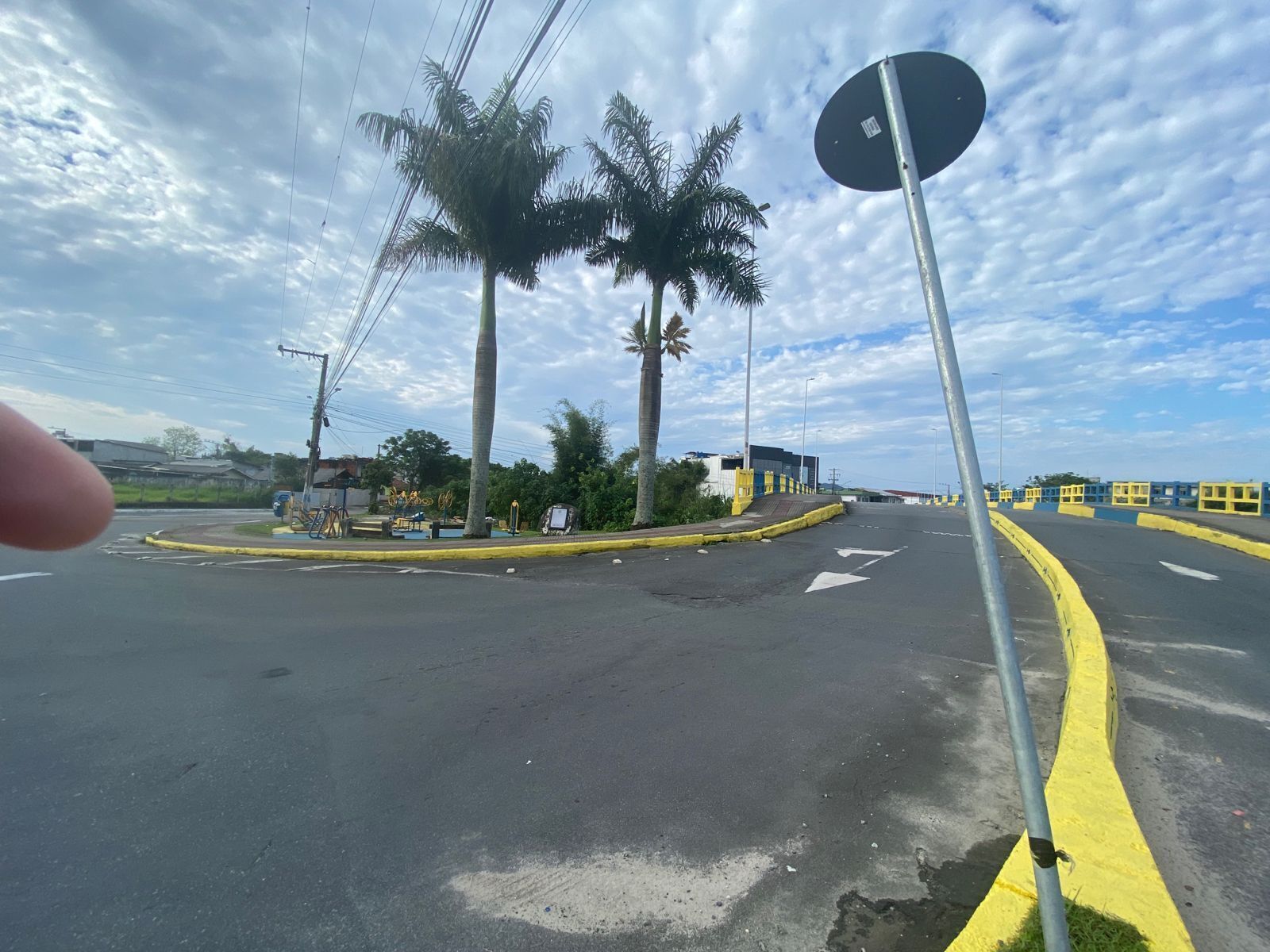 Une intersection avec des palmiers, une antenne parabolique et un bordure jaune.