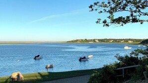 A calm lake with several boats, a grassy shore, and a distant shoreline with buildings. - Discover the charm of HEWORL: Tonset Treasure, (Orleans)