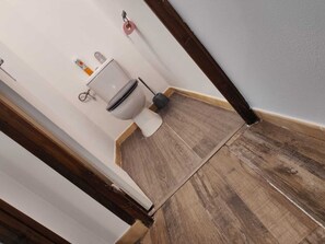 Hair dryer, soap, shampoo, toilet paper