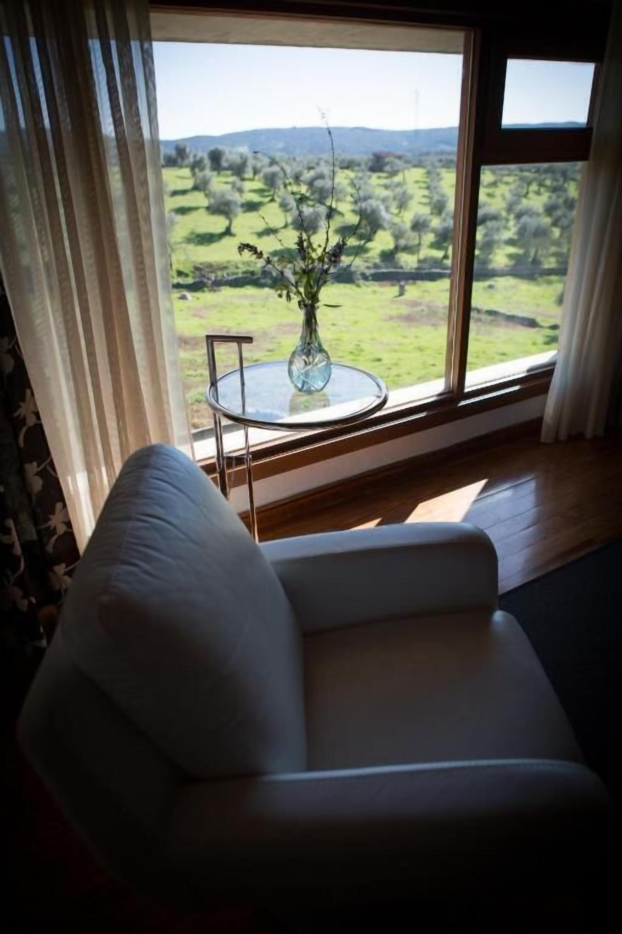 Ein Zimmer mit Blick auf eine grüne Landschaft durch ein Fenster, ein weißer Stuhl und ein Glastisch mit einer Vase.