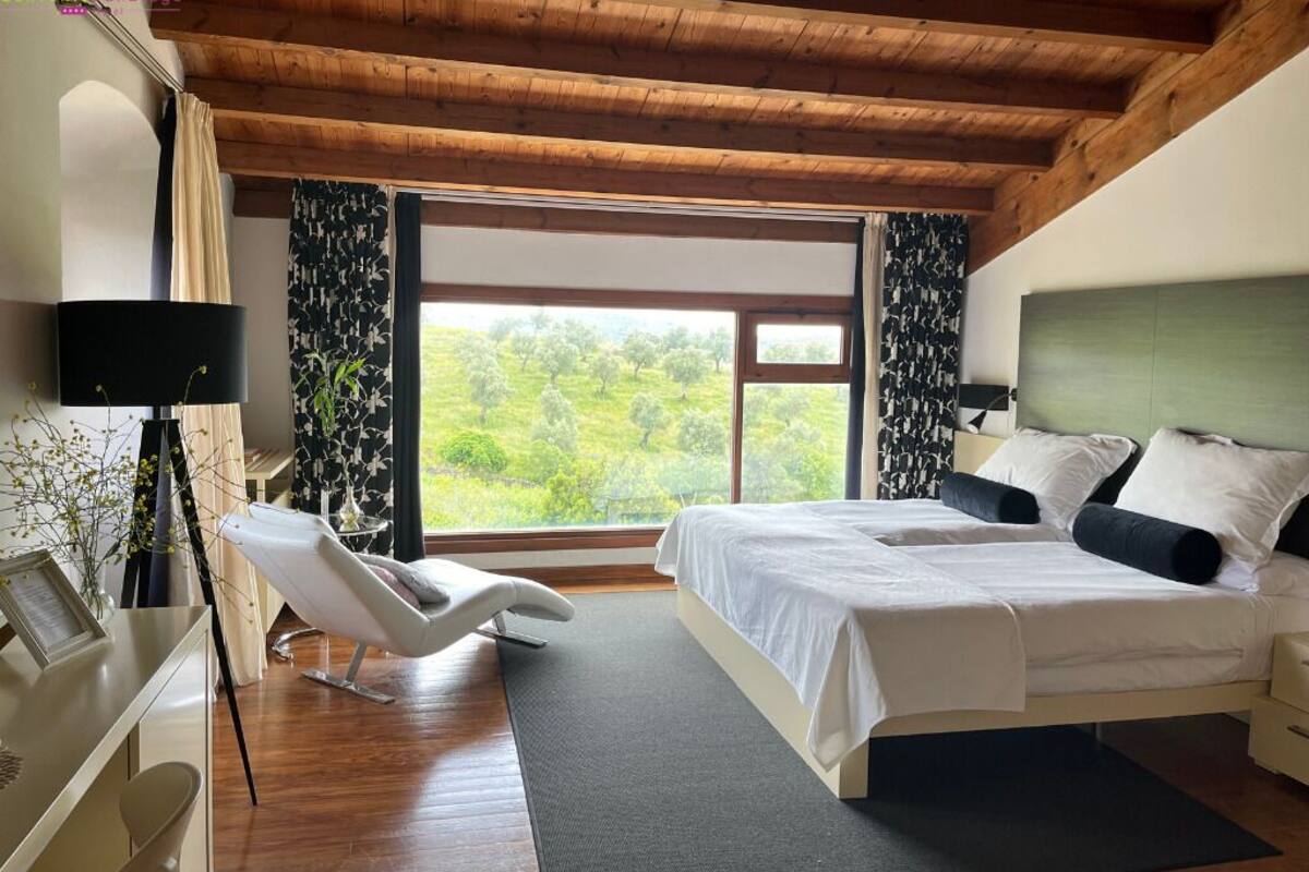Un dormitorio con cama, una silla, un escritorio y ventana con vistas a zonas verdes.