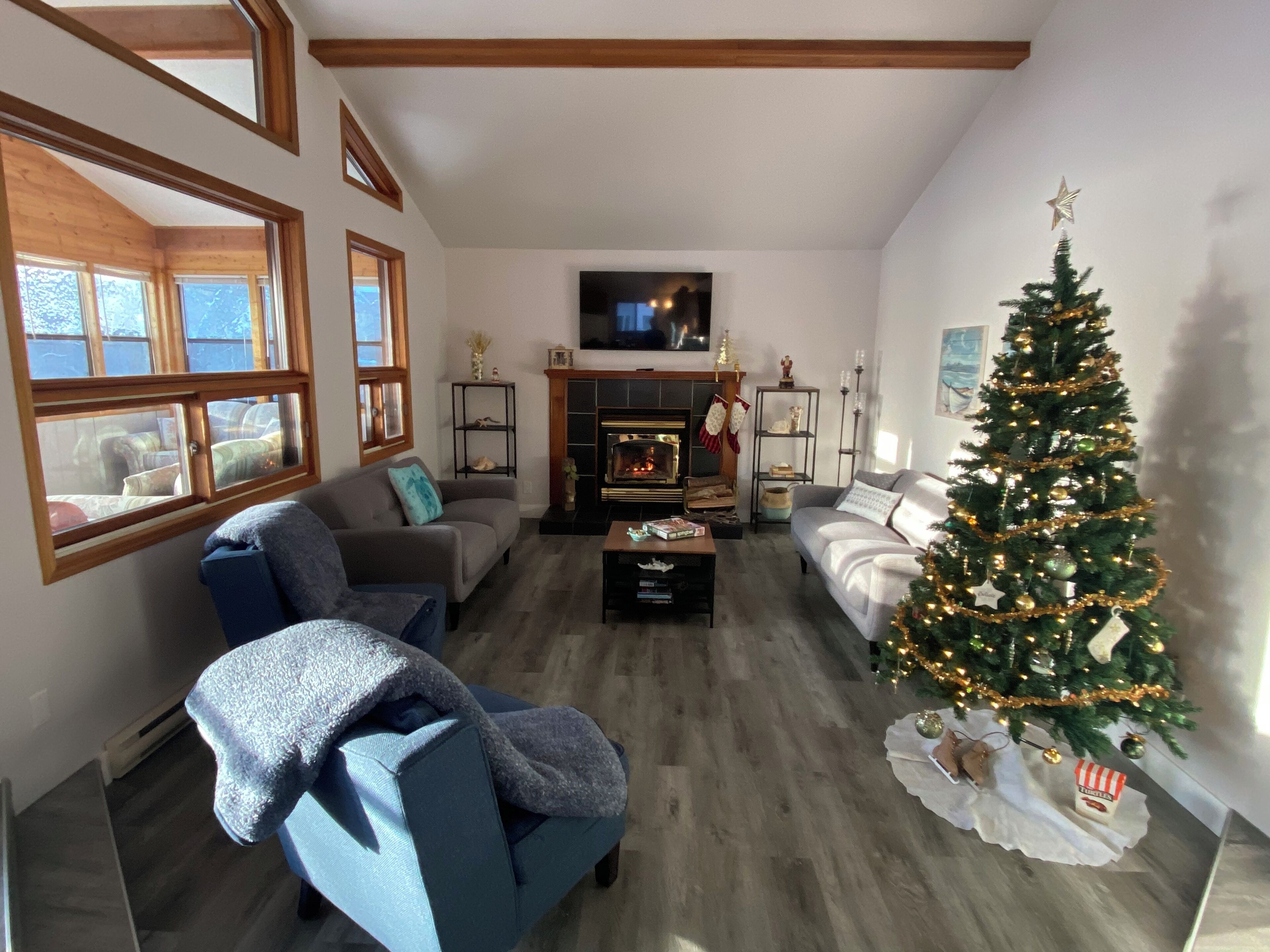 Smart TV, fireplace, books, offices