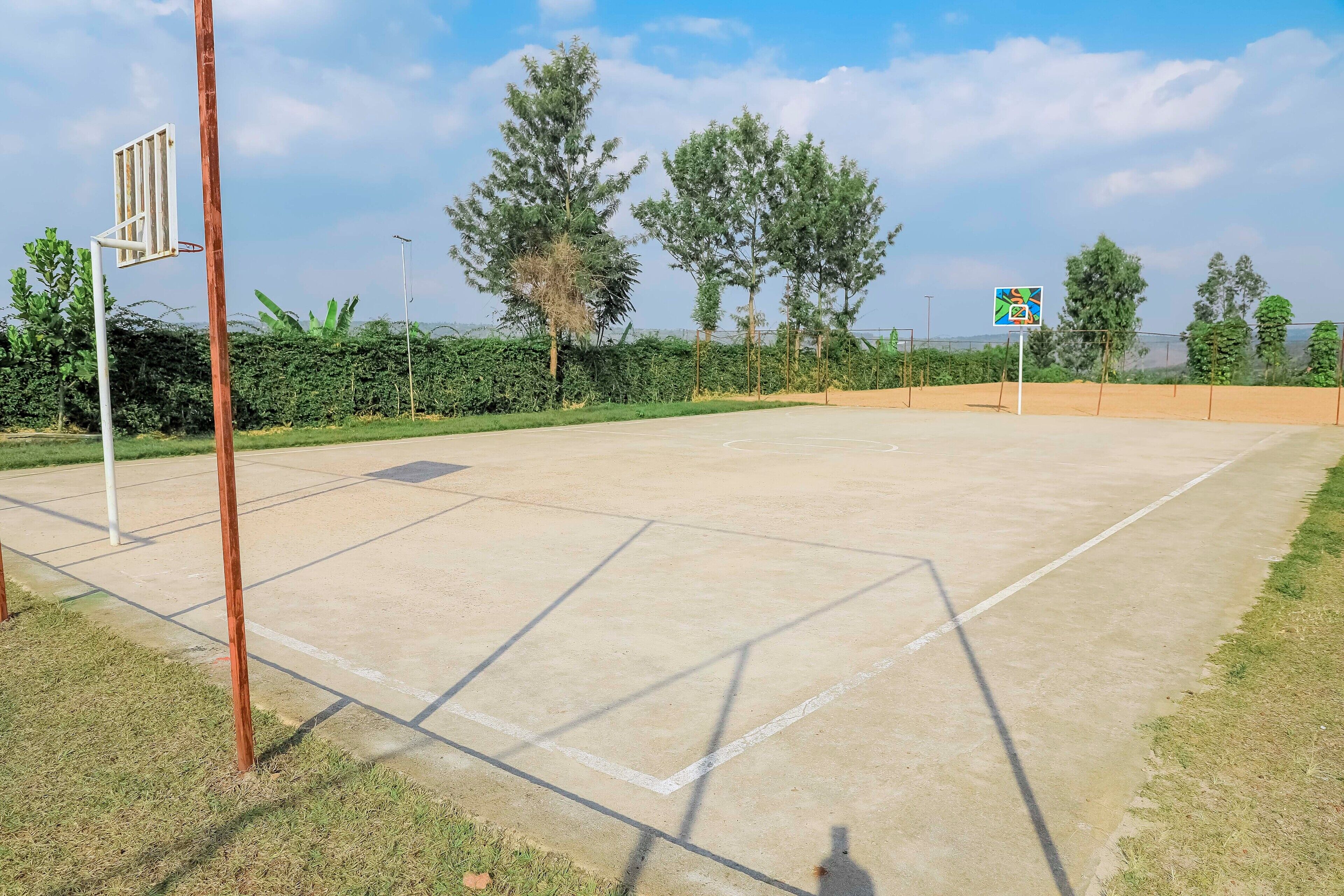 An outdoor basketball court with a hoop, surrounded by trees and a clear sky.