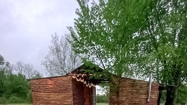 A rustic wooden cabin with a stone foundation, surrounded by a grassy area and trees.