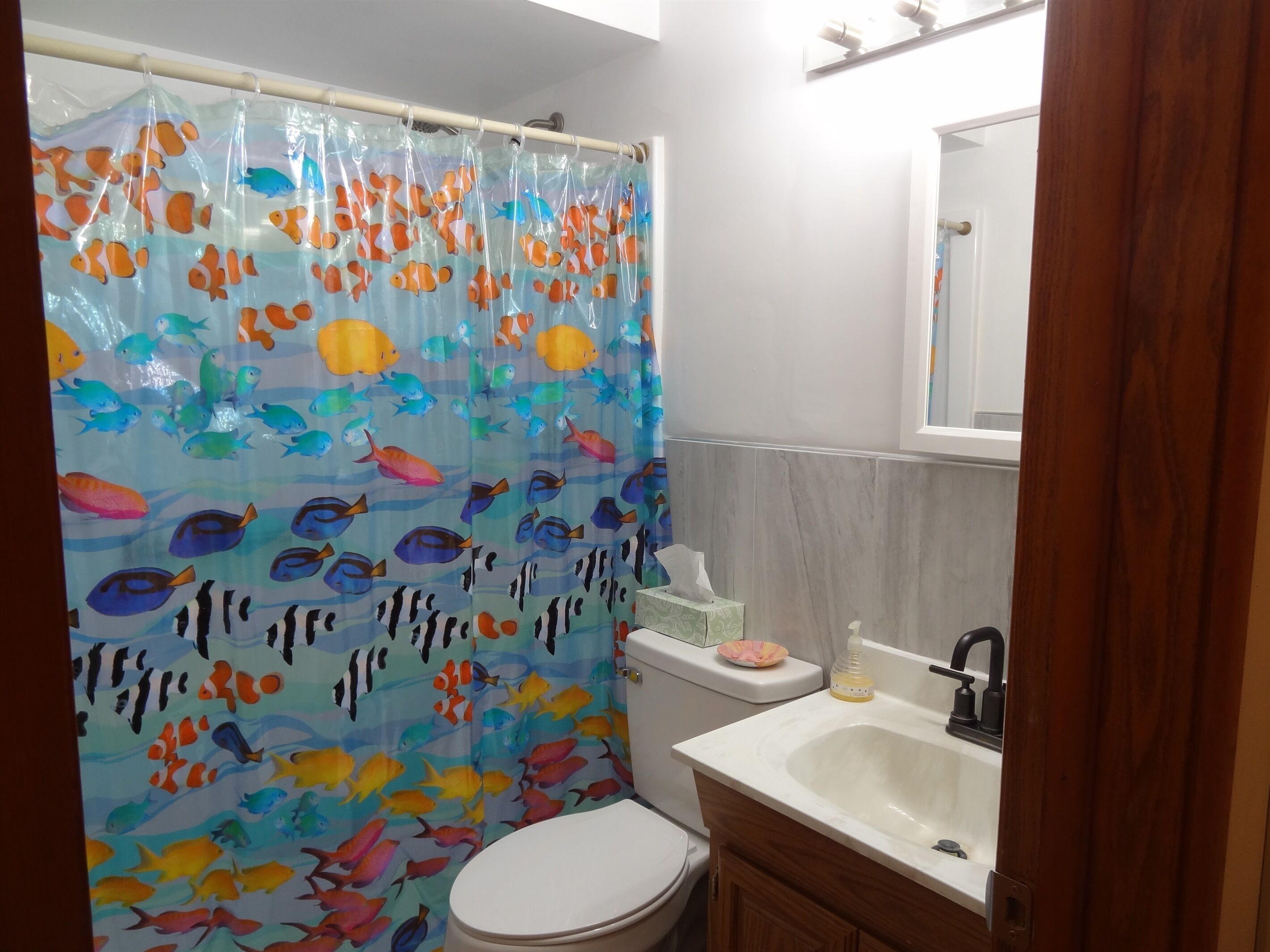 Un baño con cortina de ducha de motivos de peces de colores, un inodoro, un lavabo con dispensador de jabón y un espejo sobre el lavabo.