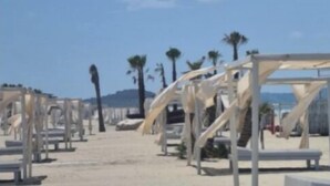 Ein Strand mit mehreren Liegestühlen und Sonnenschirmen, von denen einige beschattet sind.