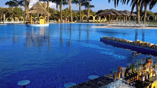Ein großer Pool mit Liegestühlen und Sonnenschirmen, umgeben von Palmen und einer Bar.