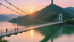 Eine Hängebrücke über ruhigem Wasser, im Hintergrund ein Tempel auf einem Hügel.