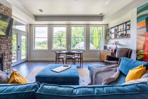 Smart TV, fireplace, books, computer monitors