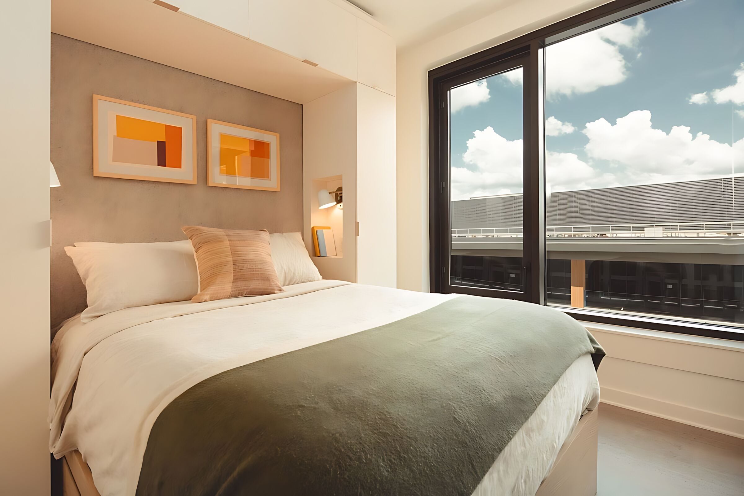 Ein modernes Hotelzimmer mit einem großen Bett, Blick auf das Flughafengelände und zwei gerahmten Kunstwerken an der Wand.