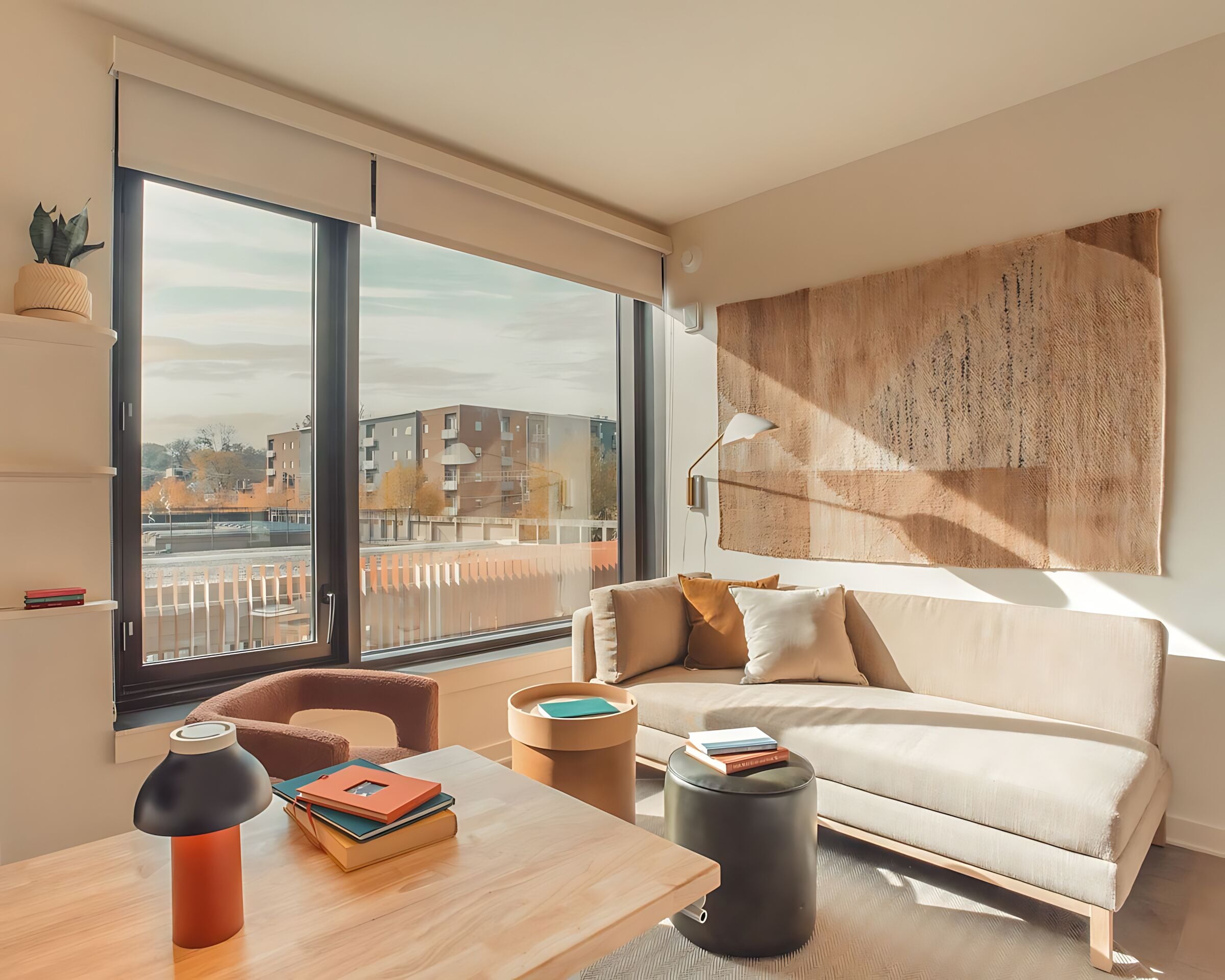 Ein modernes Wohnzimmer mit großem Fenster, einer Couch, einem Couchtisch und einem Bücherregal.