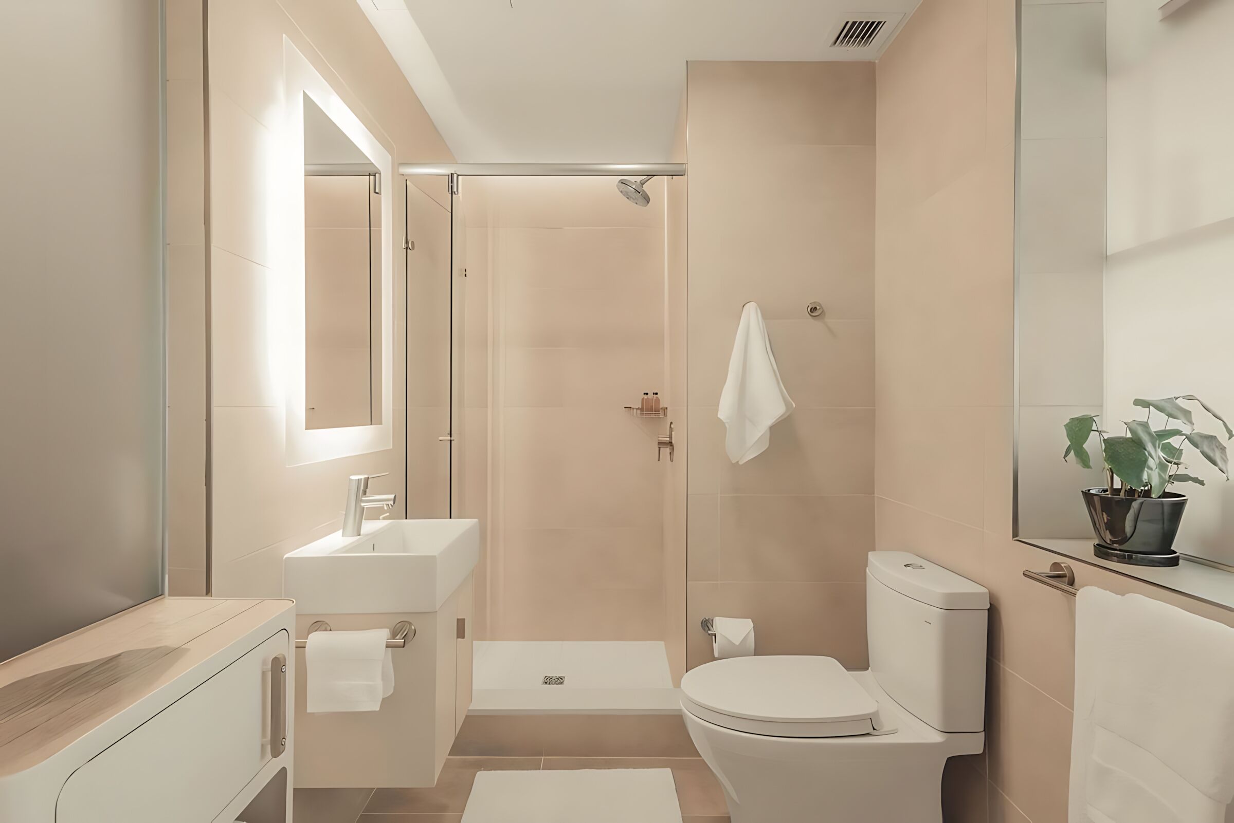A modern bathroom with a shower, toilet, sink, and vanity.