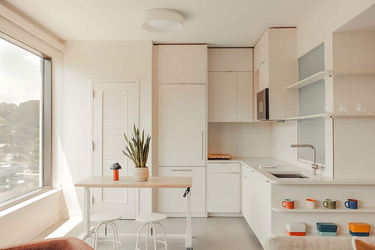 A modern kitchen with white cabinets, a wooden table, and a potted plant.
