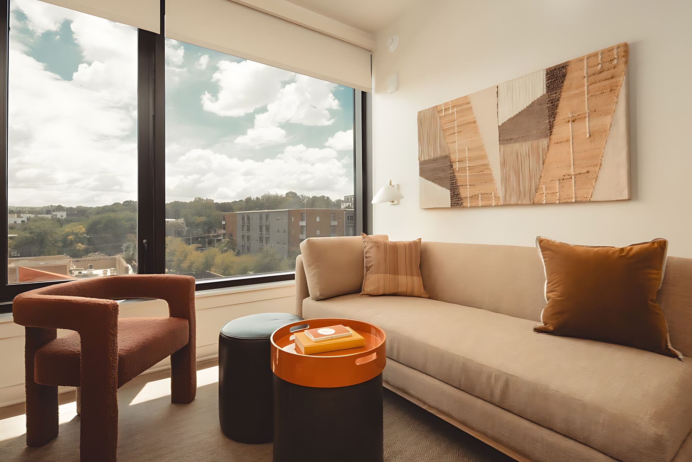 En moderne stue med sofa, stol, sofabord og et stort vindue med udsigt over byen.