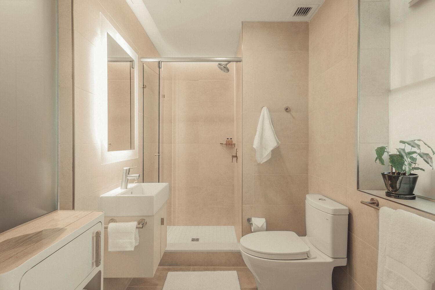 Een moderne badkamer met een inloopdouche, toilet en wastafel.