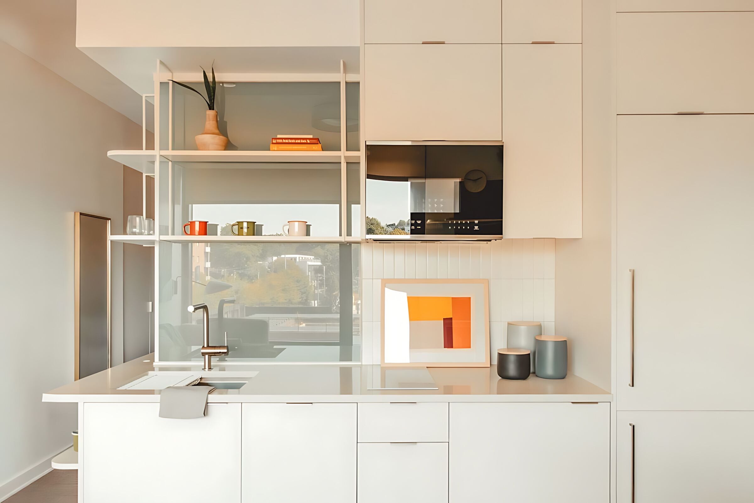 Una cocina moderna con armarios blancos, horno empotrado y ventana con vistas a la ciudad.