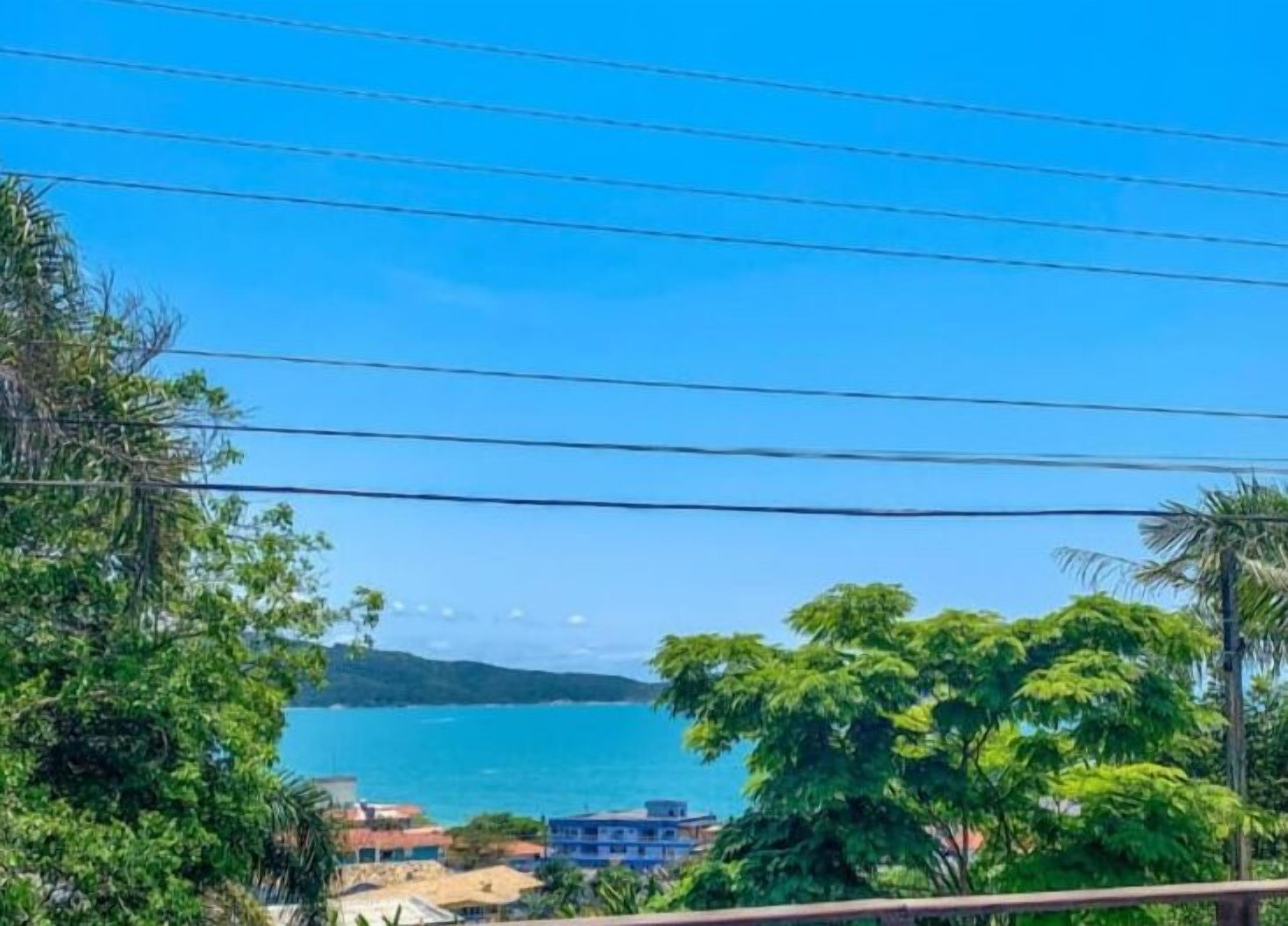 A coastal view with a clear sky, power lines, and lush greenery.