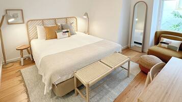 1 bedroom, desk, laptop workspace, blackout curtains