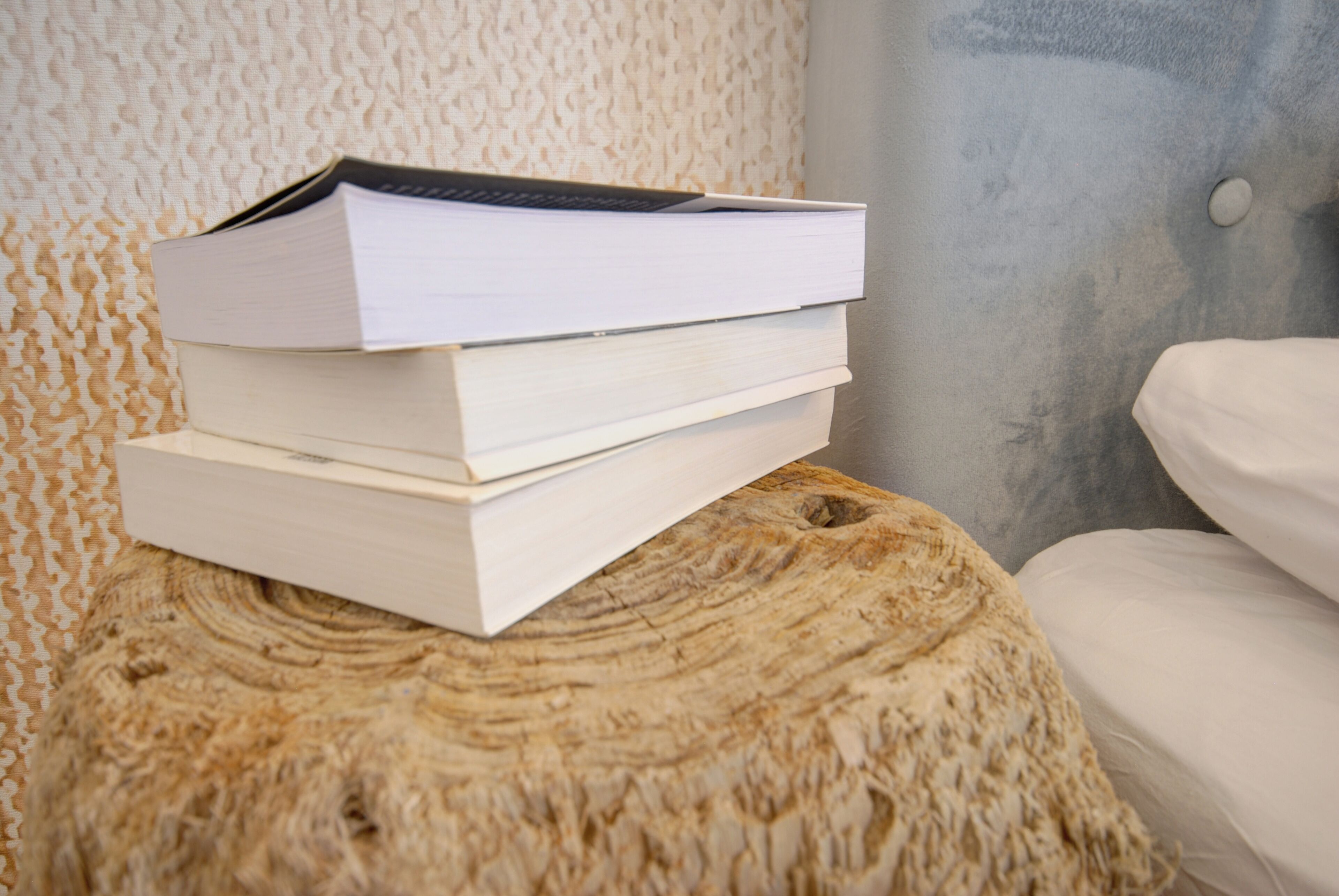 Pilhas de livros sobre um toco de madeira.