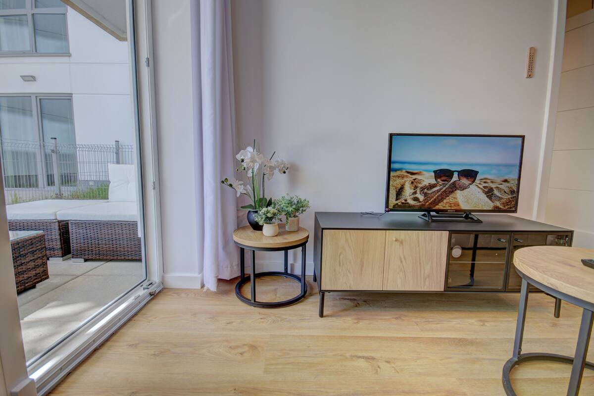 Una stanza moderna con pavimento in legno, una porta vetrata che dà sull'esterno, un piccolo tavolino con un vaso di fiori, un armadio in legno e una TV a schermo piatto appesa al muro.
