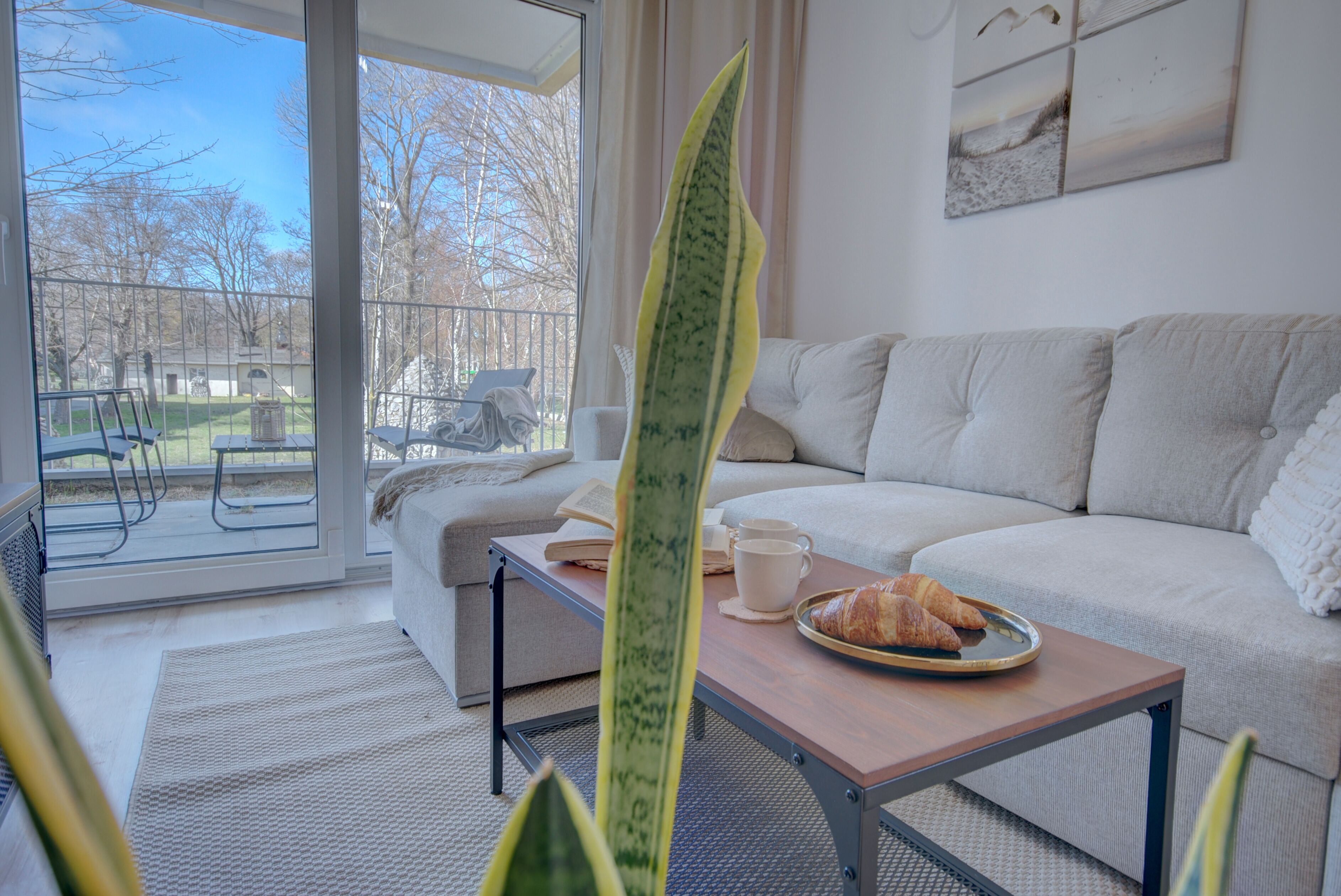 A modern living room with a sofa, a coffee table with croissants, and a view of the outdoors.