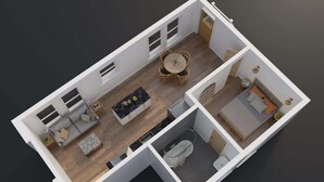 A 3D floor plan of a modern apartment with a living room, dining area, kitchen, bathroom, and bedroom. - 1BR • Fast WiFi • Walk to Dining & Breweries (Portland)