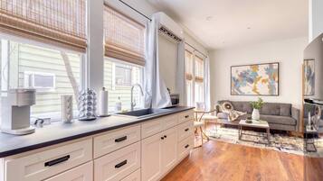 Fridge, microwave, stovetop, coffee/tea maker