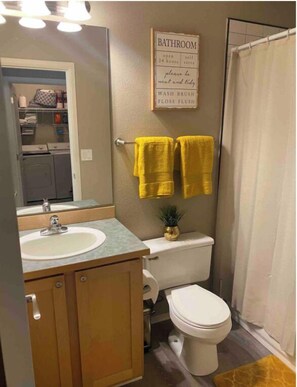Hair dryer, towels, soap, shampoo