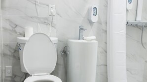 A bathroom with a toilet, sink, mirror, and shower. - HOTEL FUEGO BRONX (Bronx)