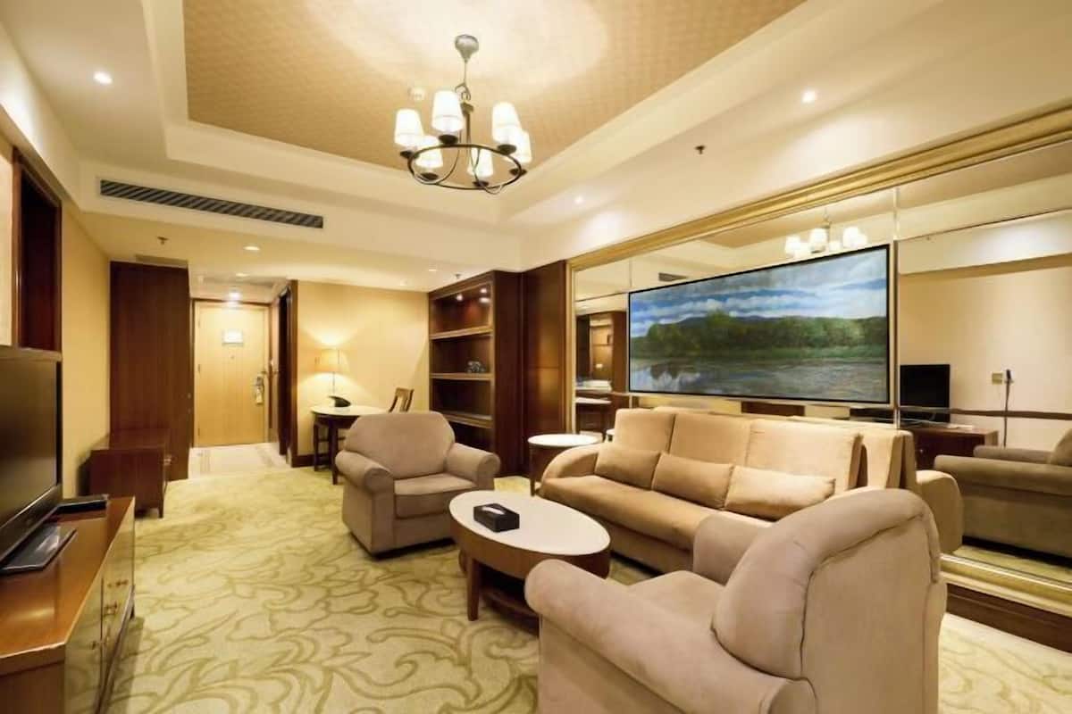 Habitación de hotel con una gran televisión de pantalla plana, un sofá, una mesita de café y una araña.