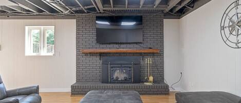 TV, fireplace, foosball