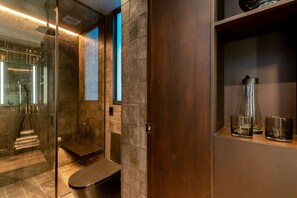 Shower, eco-friendly toiletries, hair dryer, towels