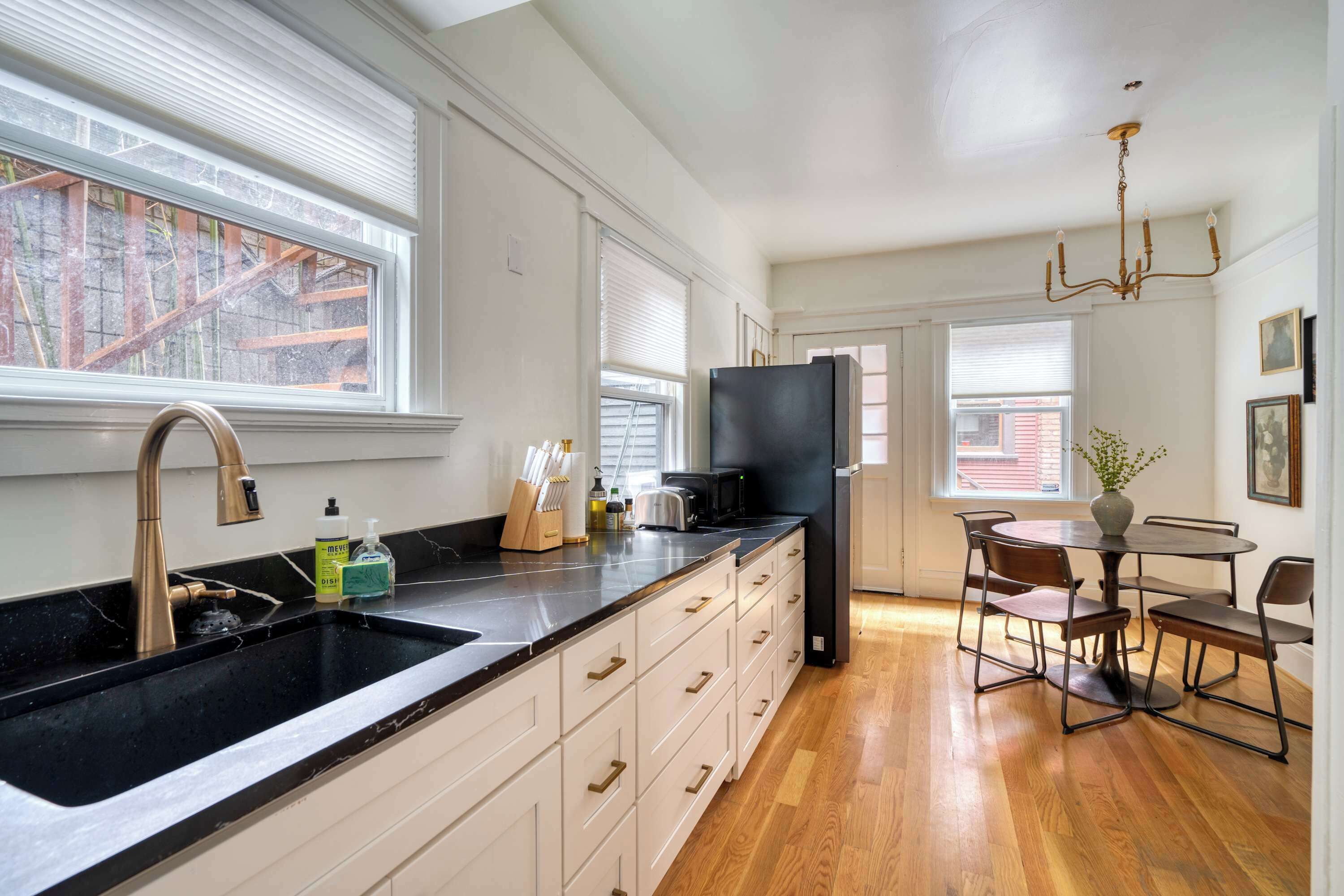 Fridge, coffee/tea maker, cookware/dishes/utensils