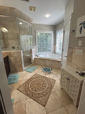 Shower, hair dryer, towels, soap