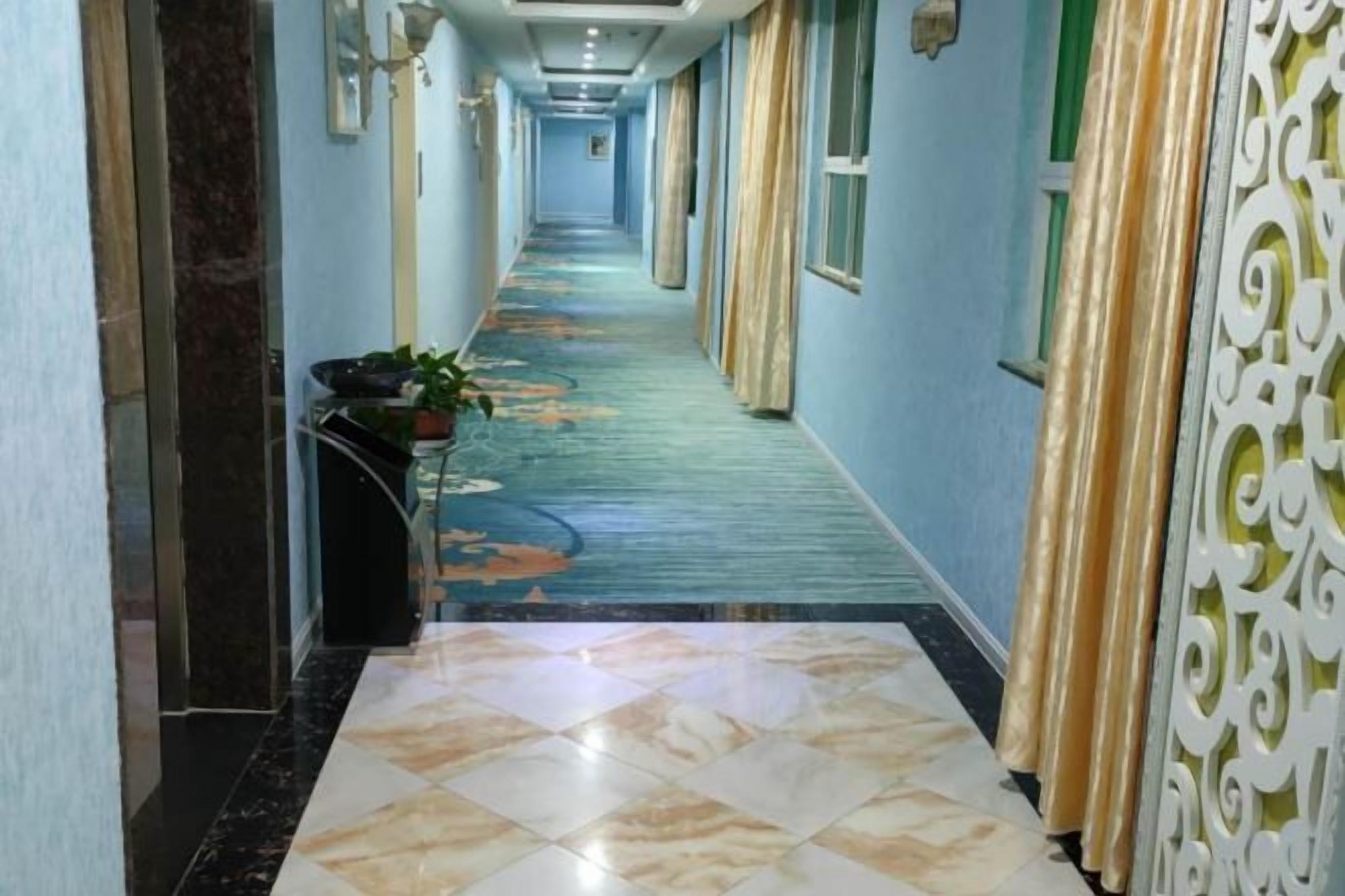 Ein Hotelgang mit Teppichmuster, einem Blumentopf und einem dekorativen Vorhang.