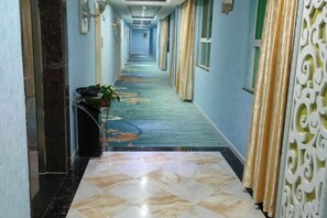 Un couloir d’hôtel avec un tapis à motifs, une plante en pot et un rideau décoratif.