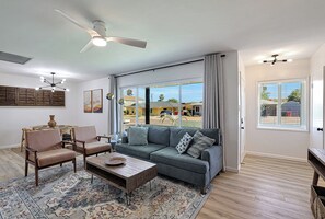 Smart TV, fireplace, books