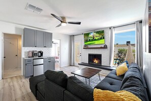 Smart TV, fireplace, books