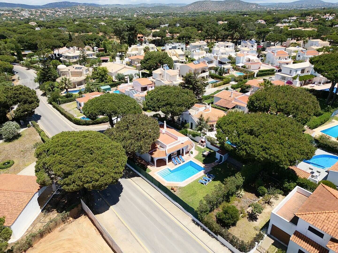 A residential area with houses, a swimming pool, and a road.