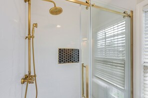 Hair dryer, towels, soap, shampoo
