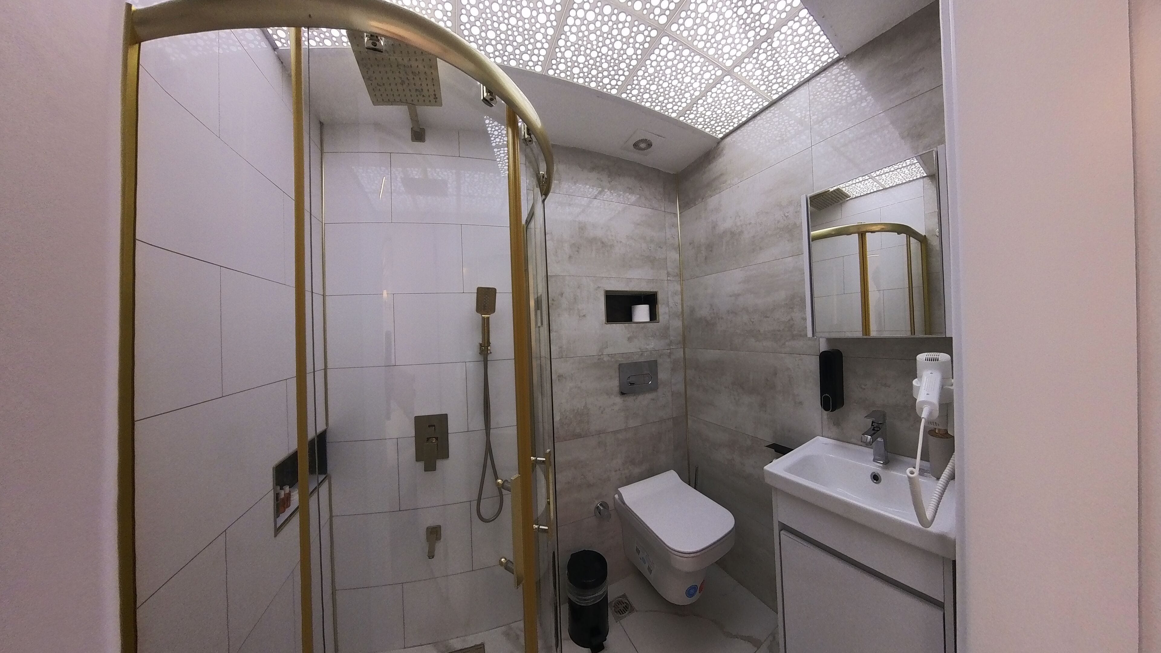 A modern bathroom with a glass-enclosed shower, a toilet, and a sink with a mirror.
