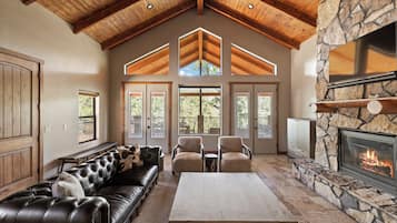 智能电视、壁炉、书、立体声音响