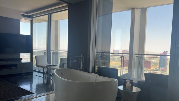 A modern living room with a large bathtub, a flat-screen TV, and a balcony with a city view.