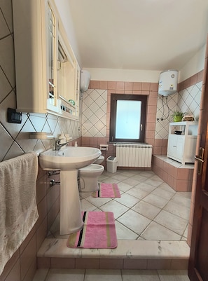 Douche, sĂšche-cheveux, bidet, serviettes fournies