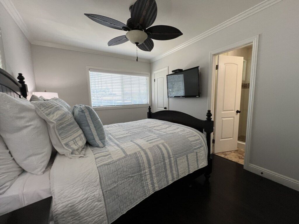 Une chambre à coucher avec un lit, un ventilateur de plafond, une télévision et une porte.