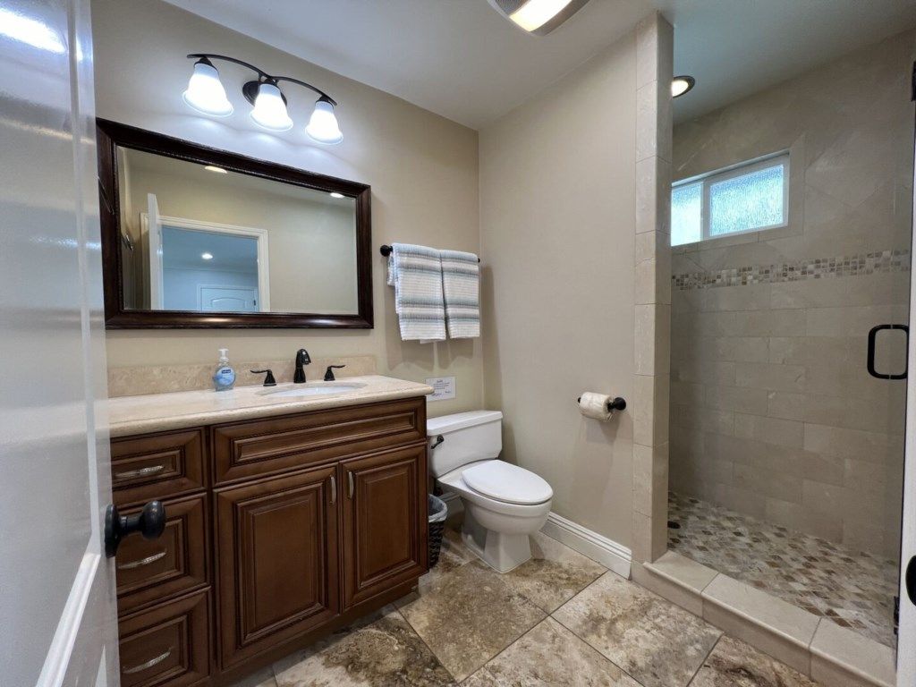 A bathroom with a vanity, toilet, and shower.
