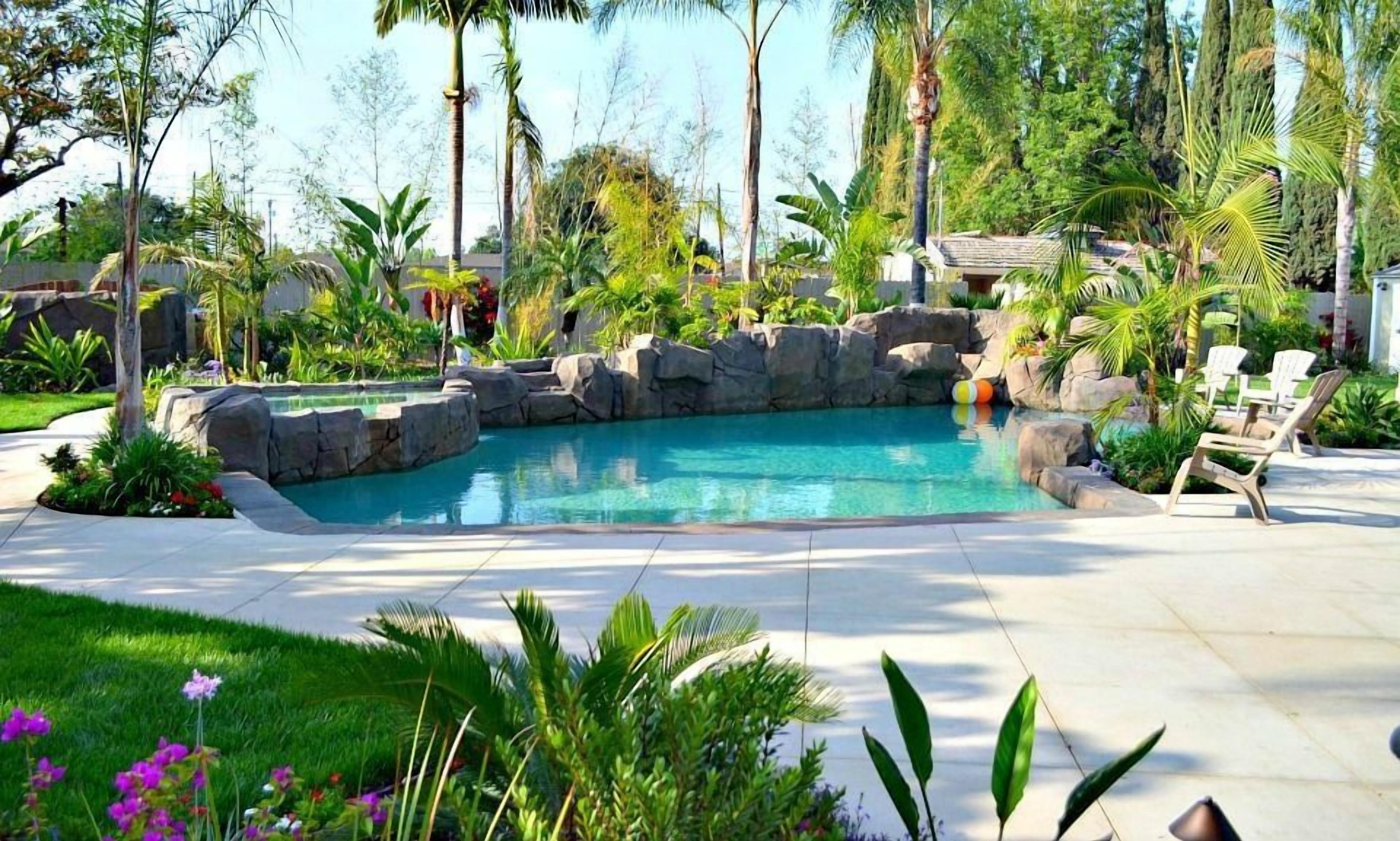 Una piscina envoltada de roques i plantes tropicals.