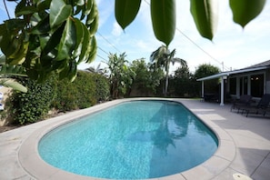 A swimming pool with a curved edge, surrounded by greenery and a covered patio area. - 5 Bedroom 4 Bath Pool Home Near Disney (Anaheim)
