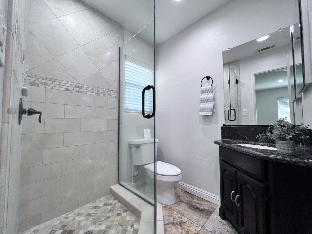A bathroom with a glass shower enclosure, a toilet, a sink with a mirror, and a potted plant.